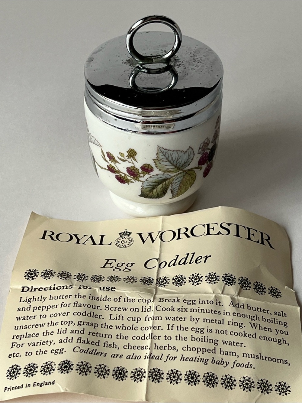 Royal Worcester Berry illustration Egg Coddler with Instruction Sheet